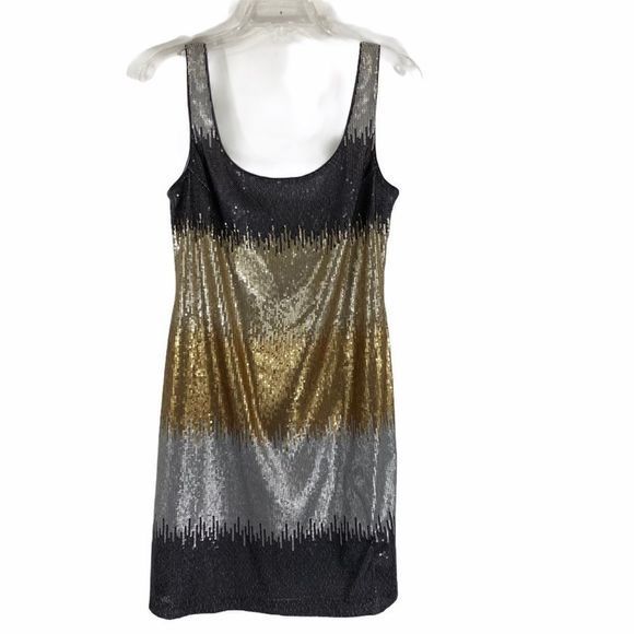 Maggy London Mini Sleeveless Gold/Silver/Blk Sparkle Renaissance Sequins‎ Sz S